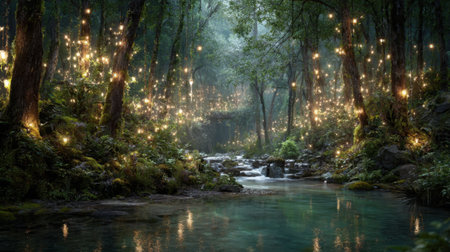 A tranquil stream winds through a lush, green forest. Magical lights hover above the water, creating a serene atmosphere at dawn. The scene showcases nature's beauty and calmness.の素材