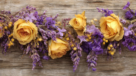 A vibrant display of dried yellow roses and purple flowers rests on a rustic wooden surface, capturing the essence of natural beauty and elegance in home decor.の素材
