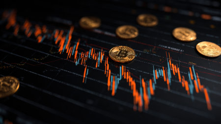 Bitcoin coins are scattered on a dark financial chart displaying fluctuating market trends represented by rising and falling lines, indicating current trading activity.の素材