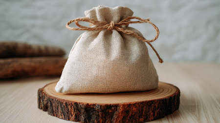 A small burlap pouch tied with twine sits on a natural wood slice. The rustic setting highlights its handmade appeal and simplicity, perfect for gifts or decorations.の素材