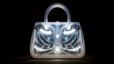 This handbag showcases a modern design made from clear material, featuring intricate patterns and soft lighting. It stands out against a dark background, attracting attention with its unique style.の素材