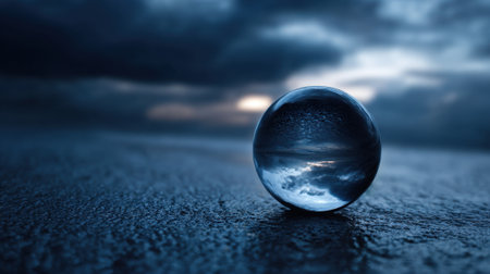 A crystal ball rests on a wet surface reflecting an overcast sky as twilight sets in.の素材