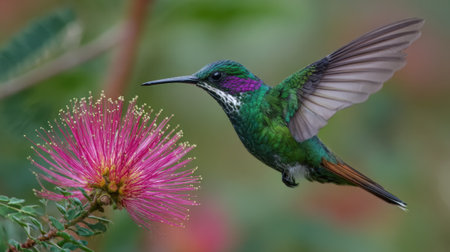 A beautiful hummingbird darts gracefully in a garden drawn to the striking pink bloom under warm sun.の素材