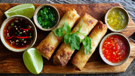 Three crispy spring rolls are artfully arranged on a rustic wooden platter alongside vibrant sauces and fresh lime wedges, creating a delicious appetizer display.の素材