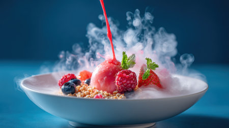 A delicious dessert features pink sorbet topped with fresh raspberries and strawberries. A vibrant red sauce is poured over, creating a smoky visual effect, enhancing the presentation.の素材