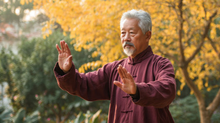 An elderly man performs tai chi in a tranquil park, surrounded by golden autumn leaves. The sun casts a warm glow as he focuses on his movements, embodying grace and calmness.の素材