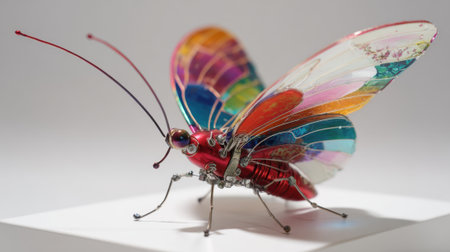 A detailed butterfly sculpture made of metal and glass displays vibrant colors and fine craftsmanship. It captures a sense of beauty and artistry in a studio setting.の素材