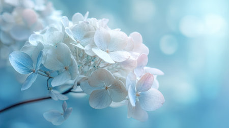Delicate hydrangea blooms display shades of soft blue and white, creating a serene atmosphere. The flowers softly catch the light, enhancing the spring's freshness and beauty.の素材