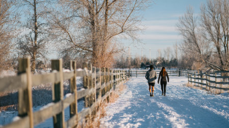 A couple strolls hand in hand along a snowy trail lined with a wooden fence. Tall trees and wind turbines can be seen in the distance under a clear blue sky.の素材