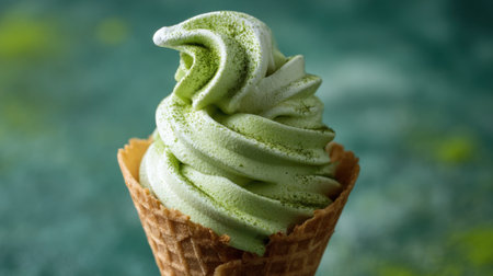 Enjoy a swirl of soft serve ice cream made from green tea, perfectly placed in a crispy waffle cone, showing a delightful treat on a colorful patterned surface.の素材