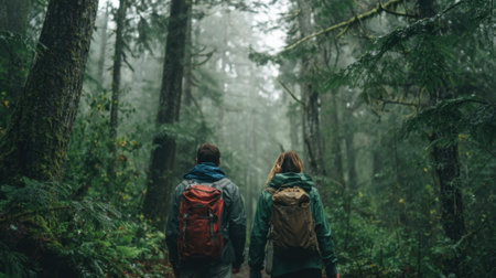 A couple walks together on a forest trail, surrounded by tall trees and dense greenery. The mist adds a serene atmosphere as they enjoy their hike in the early morning hours.の素材