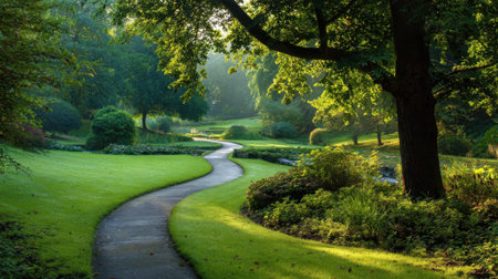 A serene garden path means through vibrant greenery. Sunlight filters through the trees, creating a tranquil atmosphere in the early morning. The scene invites relaxation and reflection.の素材