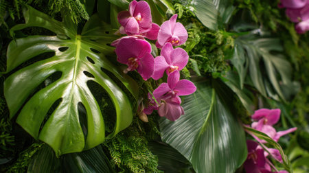 Orchids in bright pink hues are surrounded by rich green foliage, creating a lively atmosphere in a botanical garden filled with tropical plants under clear blue skies.の素材