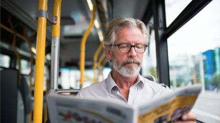 Engaged in his routine an elderly man reads a newspaper as he rides the bus through the city.の素材