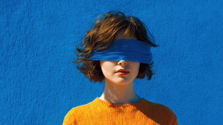 A person in a bright orange sweater is blindfolded posing against a striking blue wall showing creativity.の素材