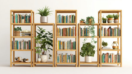 Colorful books line wooden shelves alongside vibrant houseplants creating a warm and inviting atmosphere.の素材