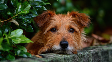 A playful brown dog gazes out from behind lush green foliage in a serene garden.の素材