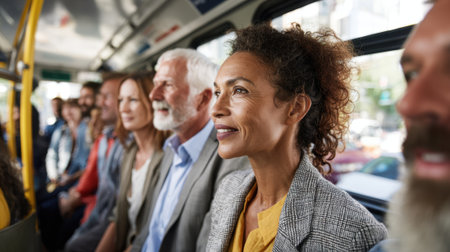 Passengers sit together sharing a moment of connection on a vibrant city bus while enjoying the ride.の素材