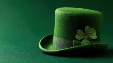 A vibrant green top hat with a sparkling shamrock sits on a deep green background perfect for celebrations.の素材