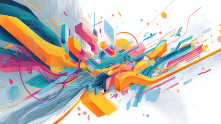 Bright colors and flowing shapes create an energetic abstract scene full of movement and creativity.の素材