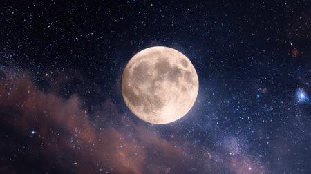 Bright full moon illuminates the night sky creating a serene and magical atmosphere filled with stars.の素材