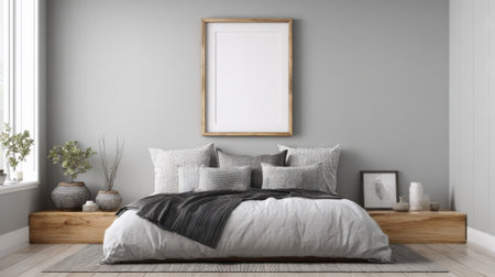 Soft lines and decorative pillows create a welcoming space in a stylish gray walled bedroom.の素材