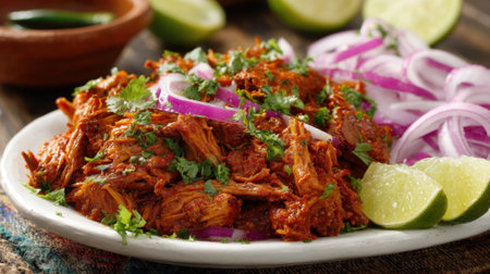 A delicious dish of tender slow-cooked meat is beautifully presented on a white plate, accompanied by fresh red onions, lime wedges, and a side of salsa. This meal is perfect for a joyful gathering.の素材