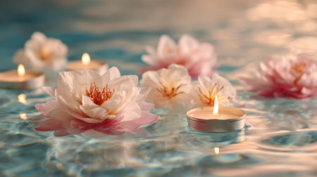 Delicate water lilies and glowing candles float gently on a calm pool surface, illuminating the serene setting during a peaceful evening. The scene evokes relaxation and tranquility.の素材