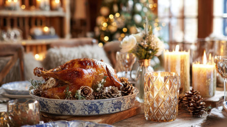 A beautifully arranged table features a golden roasted turkey surrounded by pinecones, candles, and festive decor. Warm lighting creates a cozy holiday atmosphere.の素材
