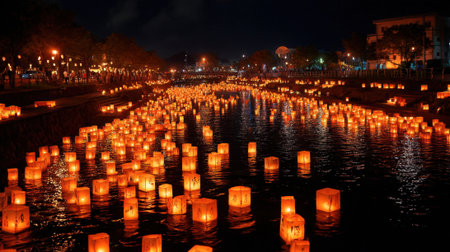 Lanterns illuminate the river as they drift peacefully during a night festival in a quaint town. The glowing lights reflect on the water, creating a mesmerizing scene.の素材