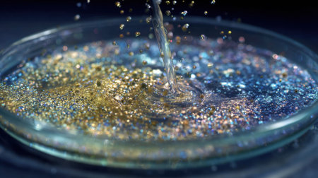 A stream of water flows into a petri dish filled with sparkling glitter, creating a captivating display of colors and patterns while demonstrating fluid dynamics.の素材