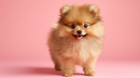 Fluffy pomeranian puppy stands on a pink background, looking playful and happy. Its round face and bright eyes capture an adorable moment full of joy and charm.の素材