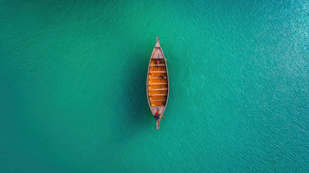 A traditional wooden boat floats calmly on turquoise water, showing a few people enjoying a peaceful day. The bright sun shines down, enhancing the vibrant colors of the scene.の素材