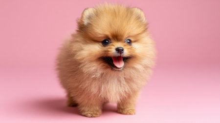A playful pomeranian puppy displays its fluffy coat while standing happily on a soft pink background. The puppy's bright eyes and cheerful demeanor capture attention.の素材