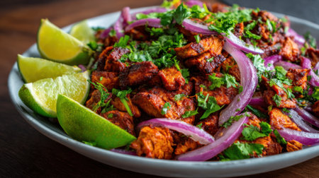 This vibrant plate features well-seasoned chicken pieces garnished with fresh herbs and slices of lime and onion, ready for a flavorful meal.の素材