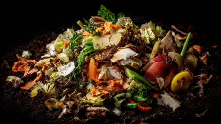 Fresh vegetable scraps mix with soil in a compost pile, creating a vibrant heap. The composting process aids in recycling organic waste into nutrient-rich soil for gardening.の素材