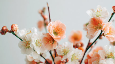 Delicate cherry blossoms in shades of peach and white fill a vase, bringing a touch of spring indoors. Their gentle beauty adds tranquility to the room, creating a warm atmosphere.の素材
