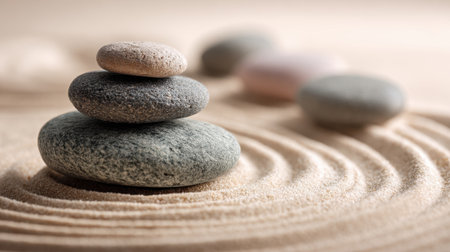 Smooth stones stacked carefully on soft sand with gentle ripples forming a serene landscape.の素材