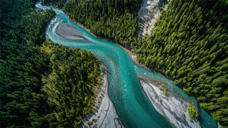 This scene showcases a stunning winding river flowing through a vibrant green forest. The water reflects the clear sky, enhancing the tranquil beauty of this untouched nature spot.の素材