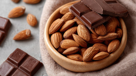 Roasted almonds fill a wooden bowl alongside pieces of rich dark chocolate on a soft fabric. The scene suggests a cozy snack time, perfect for indulging.の素材