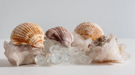 Three seashells rest among clear crystals against a simple white background, emphasizing the natural forms and patterns found in coastal life.の素材
