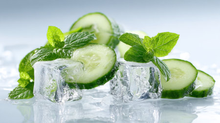 Cucumber slices are arranged artistically on ice, accompanied by vibrant mint leaves. This refreshing display is ideal for summer beverages or salads, evoking a cool and crisp feeling.の素材