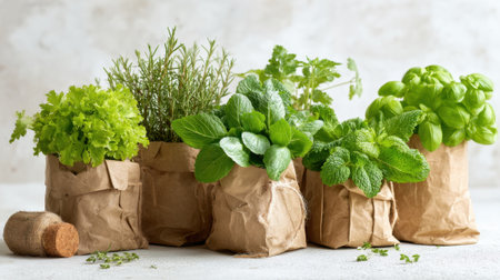 Various fresh herbs like basil, mint, and rosemary are arranged in brown paper bags on a kitchen counter, ready for use in cooking and baking. Their vibrant colors add freshness to the space.の素材