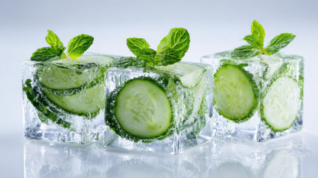 Cubes of ice filled with fresh cucumber slices and garnished with mint leaves create a refreshing sight. These are ideal for cooling summer beverages or cocktails.の素材