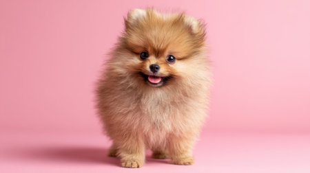 A fluffy pomeranian puppy is playfully standing on a soft pink background. Its small size and joyful expression create an adorable scene perfect for pet lovers.の素材