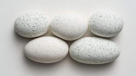 Group of five speckled eggs placed closely together on a smooth light surface. The subtle variations in color and pattern highlight their natural beauty, providing an interesting visual display.の素材