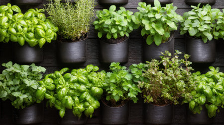 A variety of herbs are thriving in dark pots on a vertical garden wall. The setup includes basil, mint, thyme, and other greens, creating a lively atmosphere in the space.の素材