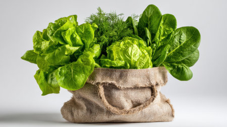 A burlap bag holds an assortment of fresh greens, including crisp lettuce and fragrant herbs, highlighting a healthy, vibrant lifestyle and meal options.の素材