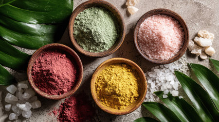 Various natural spices and salts in wooden bowls are displayed alongside green tropical leaves. The colorful powders create a vibrant and inviting atmosphere in a kitchen.の素材