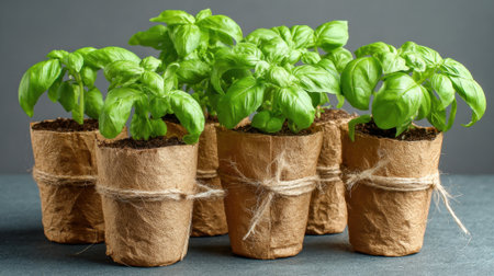 Several young basil plants grow in eco-friendly pots made of paper. The vibrant green leaves stand out against a neutral background, ideal for home gardening enthusiasts.の素材